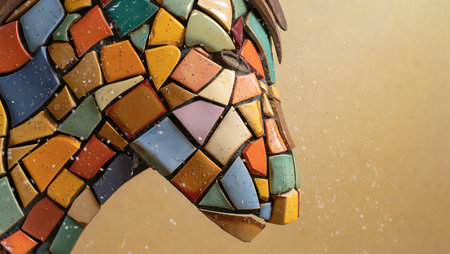 Colorful ceramic mosaic in the shape of a horse head on brown background. 2026 new year concept.の素材