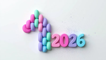 Colorful pills in the shape of the number 2026 on white background.の素材