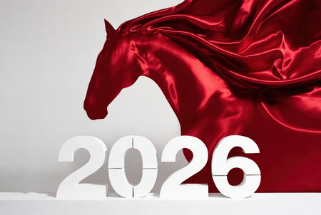 New Year 2026 concept with horse and red satin on white backgroundの素材