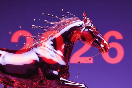 Horse with water splash on a purple background. 3d rendering. 2026 new year concept.の素材
