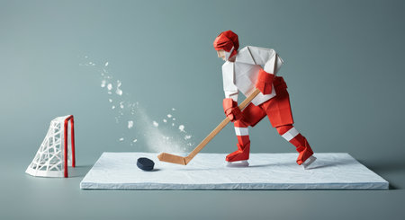 Ice hockey player with the stick hitting the puck. 3d rendering. Origami paper style.の素材
