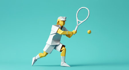 Tennis player with racket and ball. 3d illustration. Minimal style. Origami paper style.の素材