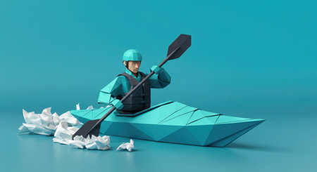 3d illustration of a man in a boat with a paddle and a paper boat. Origami paper style.の素材