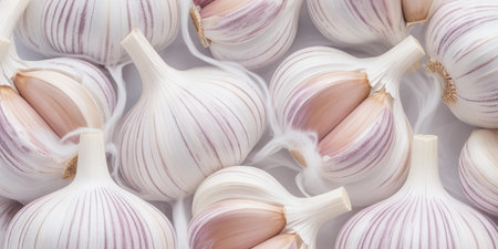 Garlic on white background, top view, close-up.の素材