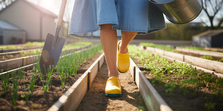 Close-up of a female gardener in yellow boots watering young sprouts from a watering canの素材
