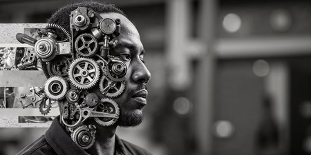 Portrait of a handsome African American man with gears in his headの素材