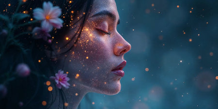 Portrait of a beautiful young woman closed with eyes and flowers in her hairの素材