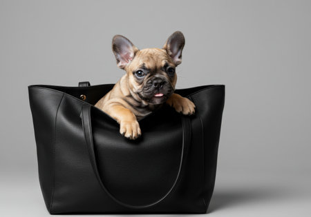Cute French bulldog puppy sitting in a black leather bag on gray backgroundの素材