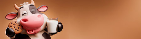 Cow with a glass of milk and chocolate cookies on a brown backgroundの素材