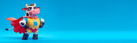 Superhero Cartoon Character with a red cape and sunglasses on a blue background. 3d renderingの素材