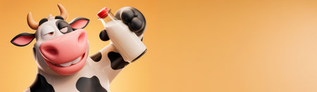 Cow with milk bottle on orange background, banner, copyspaceの素材