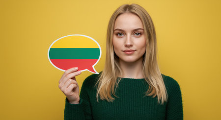 Young woman holding a Lithuanian flag speech bubble on a yellow backgroundの素材