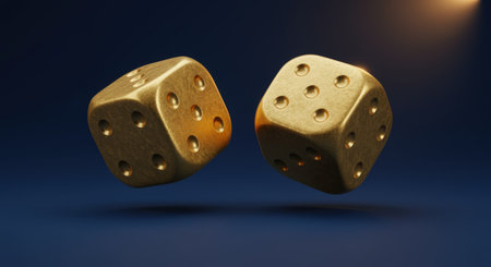 Two golden dice on a blue background. 3d render illustration.の素材