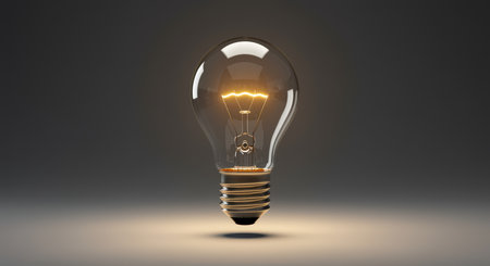 An illuminated lightbulb on a dark background. 3D renderingの素材