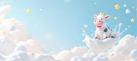Cute cartoon cow floating in milk splash with stars and clouds. 3d renderingの素材
