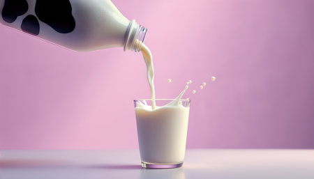 Milk pouring from a bottle into a glass on a pink backgroundの素材