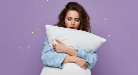 Portrait of a beautiful young brunette woman in pajamas standing isolated over violet background, holding pillowの素材