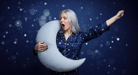 Young woman in pajamas with moon on the background of falling snowの素材