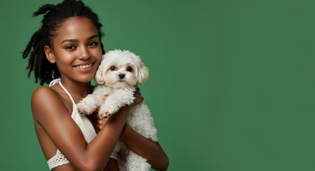 Portrait of a beautiful young African American woman with a Maltese puppyの素材