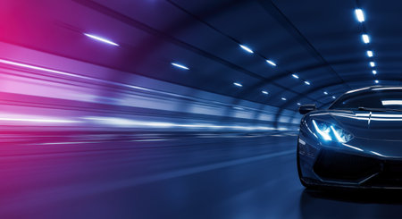 Car on the road with motion blur in the tunnel. 3d renderingの素材