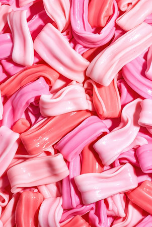 Pink gummy candies as background. Top view. Jelly sweets. Bubble gum.の素材