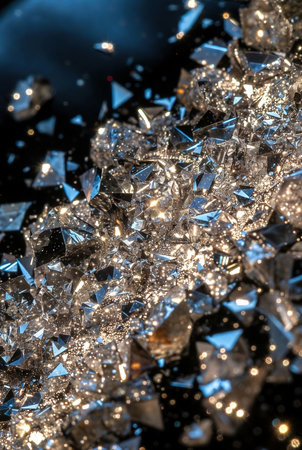 Shiny silver snowflakes on a black background close up.の素材