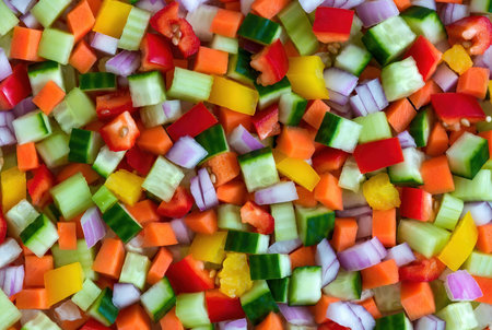 Colorful chopped vegetables background. Top view. Close-up.の素材