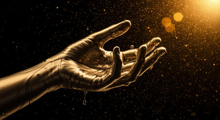Golden hand with water drops on a black background. 3d renderingの素材