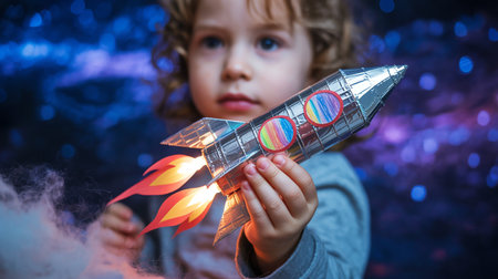 Cute little boy playing with a toy rocket on a cosmic backgroundの素材