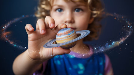 Little boy holding paper planet in his hand with spiral around it and copy spaceの素材