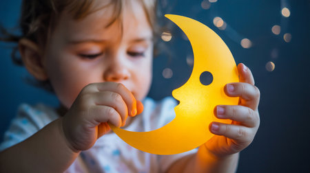 Cute little boy is playing with a moon. Close-up.の素材