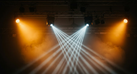 Stage lights on a dark background with smoke and fog. 3d renderingの素材