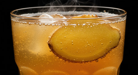 A glass of apple juice on a black background. Close-up.の素材