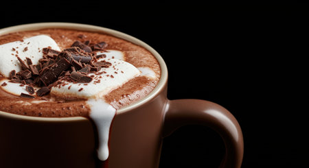 Cup of hot chocolate with marshmallow and chocolate on black backgroundの素材