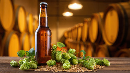Beer bottle with hop cones and barley on wooden table in cellar.の素材