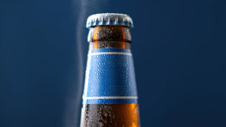Close-up of a beer bottle with water drops on blue backgroundの素材