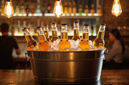 Bottles of beer in ice bucket at bar counter in night clubの素材
