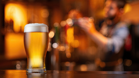 Glass of beer on bar counter with bartender in background, closeupの素材