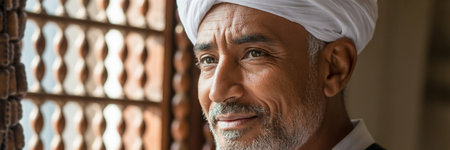 Middle aged Indian man in turban smiling at camera, panoramic shotの素材