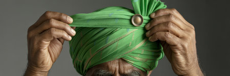 Close up of an old Indian man with a green turban.の素材
