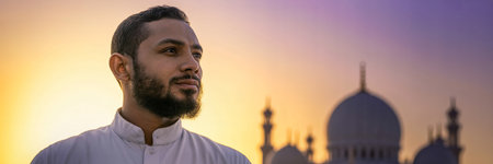 Portrait of a young man standing in front of a mosque.の素材