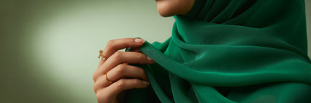 Hijab woman with green cloth and gold ring on her handの素材
