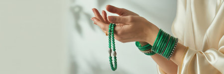 Hands of a young woman with green beads on a light backgroundの素材