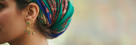 Close-up portrait of a girl in a turban on her headの素材