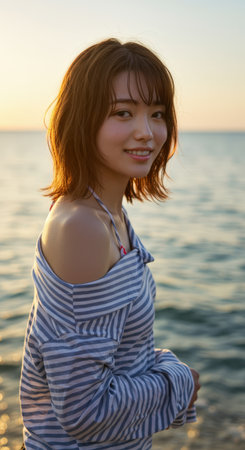 Portrait of a beautiful young Asian woman on the beach at sunsetの素材