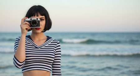 Beautiful asian woman taking a photo with vintage camera on the beachの素材
