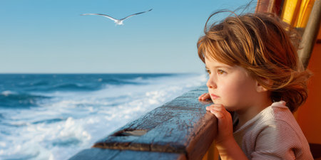 Little girl on a cruise ship with seagull in the backgroundの素材