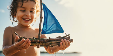 Cute little girl playing with wooden boat on the beach at sunsetの素材