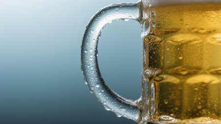 Mug of beer with foam on a blue background. Close-up.の素材