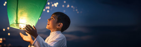 Asian boy holding a green paper lantern at night sky with bokeh backgroundの素材